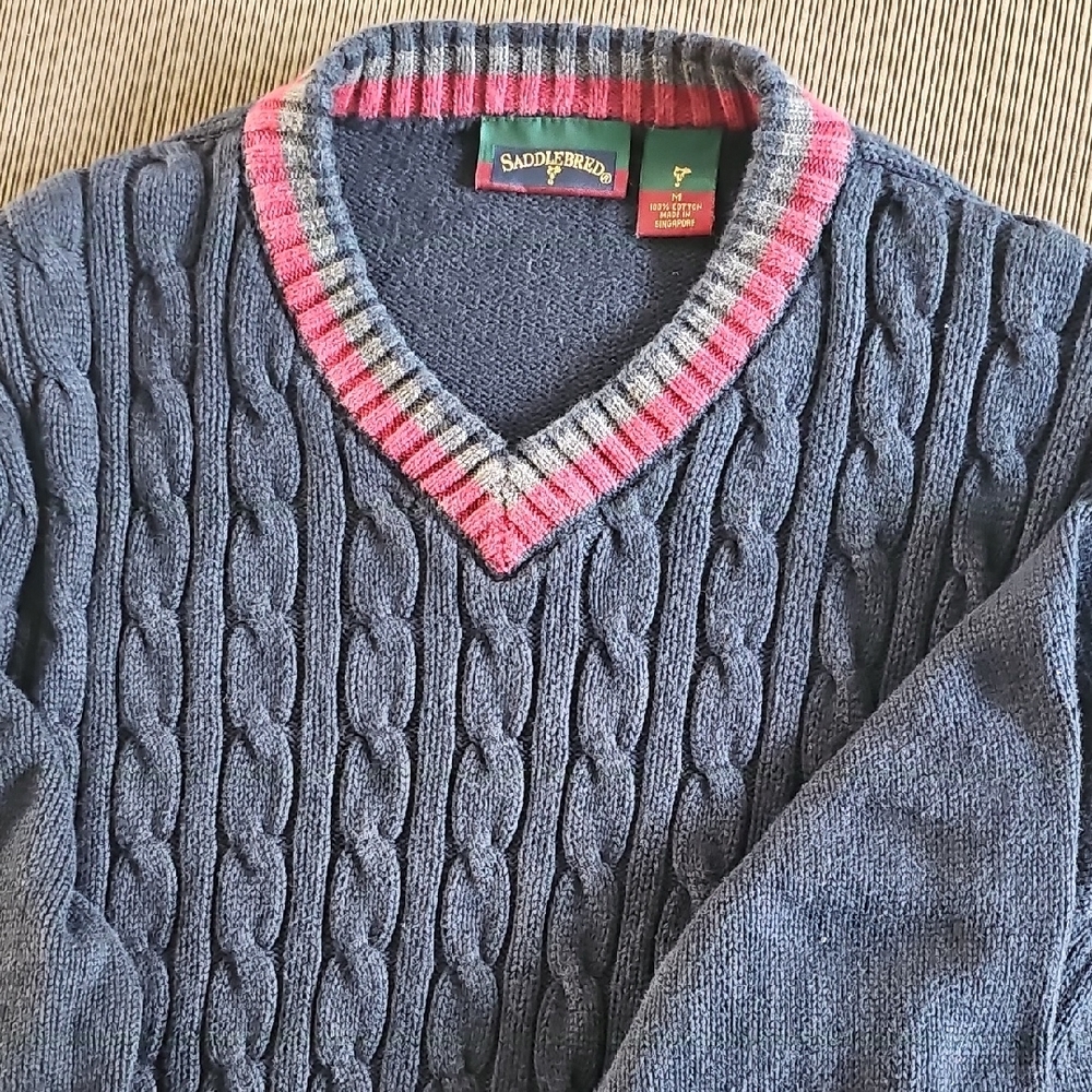 Saddlebred Navy Cable Knit Sweater with Red Accents